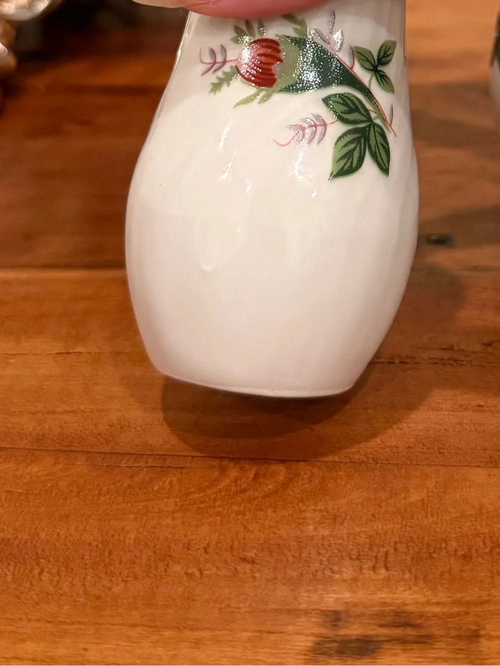 Lynn’s Fine China Victorian Rose salt and pepper shakers with gold rim